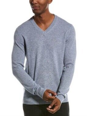 Qi New York Cashmere/Wool Men's Blue V-Neck Sweater